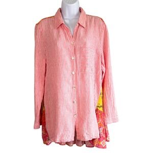 Vincente Boho Mixed Tiered Fabric Linen Blend Top Size L Cottage‎ Romantic Flowy
